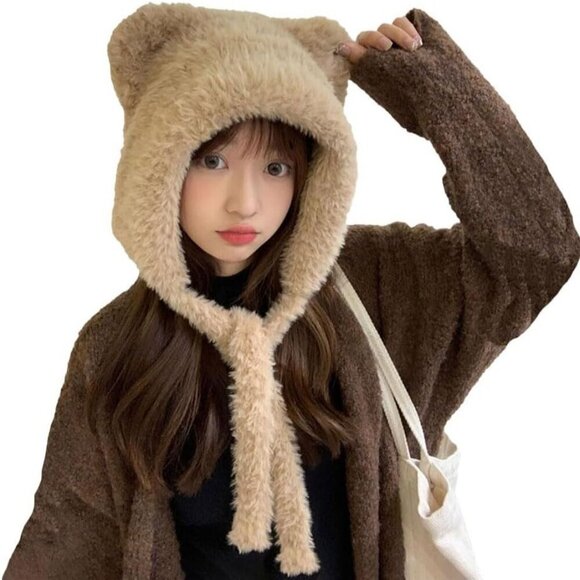 Women Khaki Winter Beanie Hats Knit Ear Flaps Cute Stuffed Bear Ears Fleece